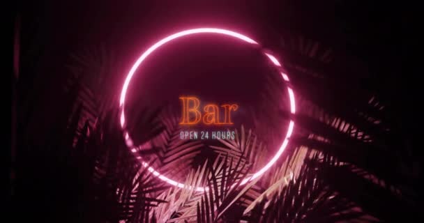 Animazione Bar Aperto Ore Testo Cornice Neon Foglie Tropicali Sfondo — Video Stock