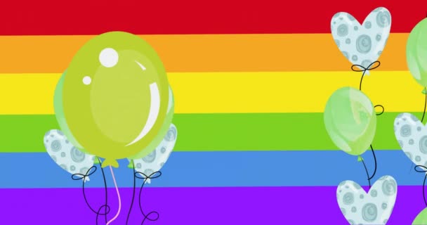 Animation Von Grünen Und Herzförmigen Luftballons Auf Regenbogenhintergrund Abstrakter Hintergrund — Stockvideo
