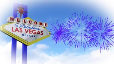 Las Vegas neon ışıklarına ve mavi arka planda havai fişeklere hoş geldiniz. Yeni yıl, yeni yıl arifesi, parti, kutlama ve geleneksel konsept dijital olarak oluşturulmuş video.