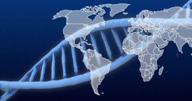Mavi arka plandaki dünya haritasının üzerindeki DNA iplikçiklerinin animasyonu. Küresel araştırma, bilim, bağlantılar, hesaplama ve veri işleme kavramı dijital olarak oluşturulmuş video.