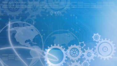 Küre, dişli ve veri işleme sisteminin mavi arkaplandaki animasyonu. Dijital olarak oluşturulmuş küresel bağlantılar, hesaplama ve veri işleme kavramı.