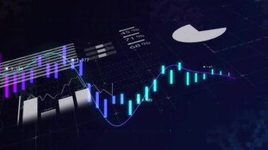 Finansal veri işleme animasyonu ve siyah arkaplan istatistikleri. Küresel iş, bağlantılar, hesaplama ve veri işleme kavramı dijital olarak oluşturulmuş video.