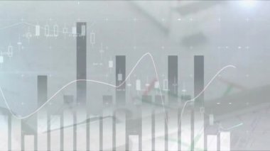 Soyut arkaplan üzerinde birden fazla grafik ve merceğin canlandırılması. Dijital olarak üretilmiş, hologram, illüstrasyon, rapor, soyut, büyüme ve iş konsepti.