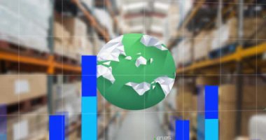 Tüm dünyada ve depoda finansal veri işleme animasyonu. Küresel gönderim, finans, iş, bağlantılar, hesaplama ve veri işleme kavramı dijital olarak oluşturulmuş video.