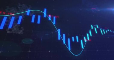 Mavi arkaplan üzerinde veri işleme ve istatistiklerin animasyonu. Küresel eğitim, işletme, bağlantılar, hesaplama ve veri işleme kavramı dijital olarak oluşturulmuş video.