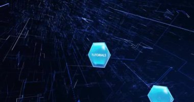 Karanlık arka planda dijital simgelerin ve veri işlemenin animasyonu. Küresel iş, bağlantılar, bulut hesaplama ve veri işleme kavramı dijital olarak oluşturulmuş video.