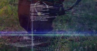 At yiyen otların üzerinde finansal veri işleme animasyonu. Atlar, iş dünyası, bağlantılar, hesaplama ve veri işleme kavramı dijital olarak oluşturulmuş video.