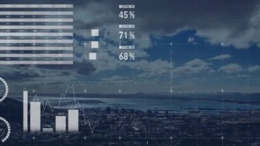 Finansal veri işlemenin animasyonu ve şehir manzarası istatistikleri. Küresel eğitim, işletme, bağlantılar, hesaplama ve veri işleme kavramı dijital olarak oluşturulmuş video.