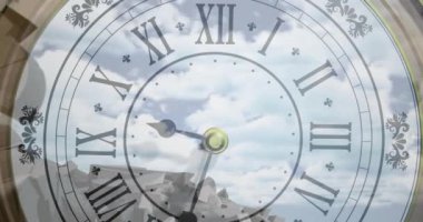 Bozuk para sembolleri ve bulutların üzerindeki saatin animasyonu. Küresel iş, zaman ve dijital arayüz kavramı, dijital olarak oluşturulmuş video.