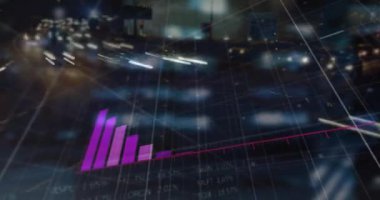 Gece boyunca veri işleme, diyagramlar ve borsa animasyonları. Küresel iş, teknoloji ve dijital arayüz kavramı, dijital olarak oluşturulmuş video.