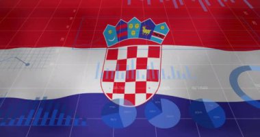 Hırvat bayrağı üzerinde harita ve grafik işleme verilerinin animasyonu. Ulusal ekonomi, seyahat, veri, finans, dijital arayüz, iş ve iletişim, dijital olarak oluşturulmuş video.