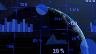 Finansal veri işleme animasyonu siyah arka planda dünya çapında. Küresel finans, iş, bağlantılar, hesaplama ve veri işleme kavramı dijital olarak oluşturulmuş video.