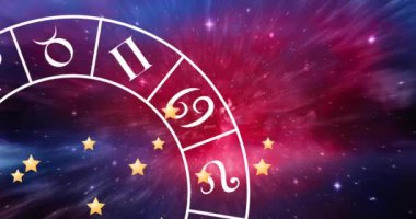 Yıldızlı gece gökyüzünde dönen zodyak çarkının animasyonu. Yıldız falı, burç, yıldız işaretleri ve astroloji konsepti dijital olarak oluşturulmuş video.