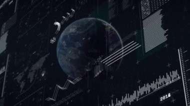 Finansal veri işleme animasyonu siyah arka planda dünya çapında. Küresel finans, iş, bağlantılar, hesaplama ve veri işleme kavramı dijital olarak oluşturulmuş video.