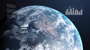 Finansal veri işleme animasyonu siyah arka planda dünya çapında. Küresel finans, iş, bağlantılar, hesaplama ve veri işleme kavramı dijital olarak oluşturulmuş video.