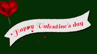 Sevgililer Günü metniyle beyaz kurdele animasyonu yeşil arka planda kalp şeklinde balon. Dijital olarak oluşturulmuş, illüstrasyon, aşk, selamlama, flört, romantizm, kutlama konsepti.