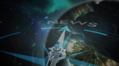 Pusula üzerindeki manyetik iğnenin animasyonu uzaydaki haber metnini işaret ediyor. Yönlendirme, yönlendirme, küresel bilgi, iletişim ve dijital arayüz, dijital olarak oluşturulmuş video.