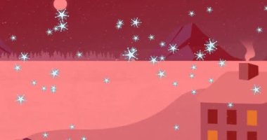Kış mevsiminde evin üzerine yağan kar animasyonu. Noel, şenlik, kutlama ve gelenek konsepti dijital olarak oluşturuldu.