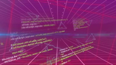 Mor şekiller üzerinde veri işleme animasyonu. Küresel teknoloji ve dijital arayüz kavramı, dijital olarak oluşturulmuş video.