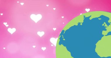 Pembe arka planda kalp ve küre animasyonu. Soyut arkaplan, şablon ve dijital arayüz kavramı, dijital olarak oluşturulmuş video.