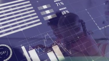 Çeşitli öğrencilerin bilgisayar kullanarak finansal veri işleme animasyonları. Küresel finans, iş, bağlantılar, hesaplama ve veri işleme kavramı dijital olarak oluşturulmuş video.