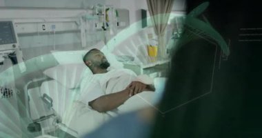 Hastanedeki çeşitli erkek hasta ve kadın doktorlara DNA testi yapıldı. Küresel tıp, sağlık, bağlantılar, hesaplama ve veri işleme kavramı dijital olarak oluşturulmuş video.