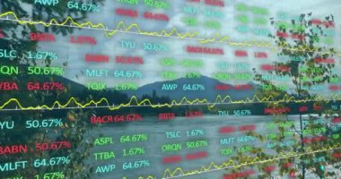 Manzara üzerindeki borsa ve diyagramların animasyonu. Küresel iş, doğa ve dijital arayüz kavramı, dijital olarak oluşturulmuş video.