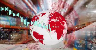Tüm dünyada ve depoda finansal veri işleme animasyonu. Küresel gönderim, finans, iş, bağlantılar, hesaplama ve veri işleme kavramı dijital olarak oluşturulmuş video.