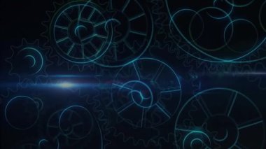 Siyah arka planda ışık noktasında hareket eden dişlilerin animasyonu. Küresel iş ve dijital arayüz kavramı, dijital olarak oluşturulmuş video.