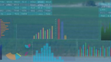 Manzara üzerinde finansal veri işleme animasyonu. Küresel finans, iş, bağlantılar, hesaplama ve veri işleme kavramı dijital olarak oluşturulmuş video.