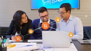 Muhtelif iş adamlarının ofiste iş görüşmesi üzerine bağlantı ağının animasyonu. Küresel iş ve dijital arayüz kavramı, dijital olarak oluşturulmuş video.