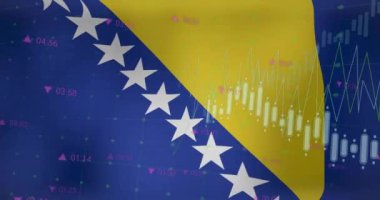Bosna ve Herzegovina bayrağı üzerinde grafik işleme verilerinin animasyonu. Ulusal ekonomi, seyahat, veri, finans, dijital arayüz, iş ve iletişim, dijital olarak oluşturulmuş video.