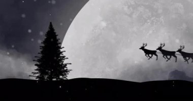 Noel Baba, dolunay ve kış manzarası üzerine yağan kar animasyonu. Noel, şenlik, kutlama ve gelenek konsepti dijital olarak oluşturuldu.