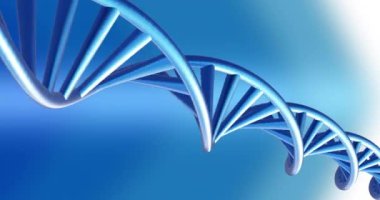 Mavi arka planda dönen DNA iplikçiklerinin animasyonu. Küresel bilim, araştırma ve veri işleme kavramı dijital olarak oluşturulmuş video.
