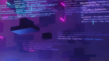 Mor şekiller üzerinde veri işleme animasyonu. Küresel teknoloji ve dijital arayüz kavramı, dijital olarak oluşturulmuş video.