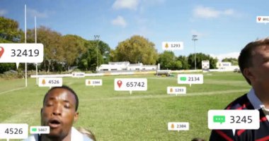 Maçtaki çeşitli erkek ragbi oyuncularının sosyal medya bildirimlerinin animasyonu. Spor, takım, rekabet, sosyal ağ, dijital arayüz, internet ve iletişim, dijital olarak oluşturulmuş video.