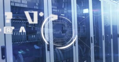 Animation of scope scanning and data processing over server room. Global technology, computing and digital interface concept digitally generated video.