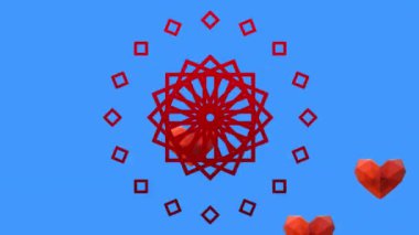 Kırmızı soyut şekillerin ve mavi arkaplanda yüzen kırmızı kalp simgelerinin animasyonu. Sevgililer Günü ve Parti Kutlama Konsepti