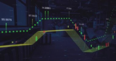 Ofis üzerinde istatistik ve finansal veri işleme animasyonu. Küresel finans, iş, bağlantılar, hesaplama ve veri işleme kavramı dijital olarak oluşturulmuş video.