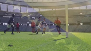 Bosna ve Herzegovina bayrağının farklı erkek ragbi oyuncularının stadyumda oynaması üzerine canlandırması. Küresel spor ve vatanseverlik kavramı, dijital olarak üretilen video.