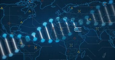 Veri işleme ve dünya haritasının üzerindeki DNA iplikçiklerinin animasyonu. Küresel bilim, araştırma, bağlantılar, hesaplama ve veri işleme kavramı dijital olarak oluşturulmuş video.