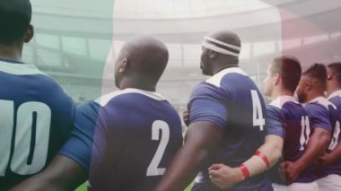 Çeşitli erkek rugby oyuncuları stadyumda marş söylerken Fransa bayrağının animasyonu. Küresel spor ve vatanseverlik kavramı, dijital olarak üretilen video.