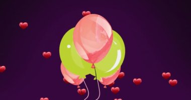 Mor arka planda balon ve kalp animasyonu. Doğum günü, doğum günü partisi, şenlik, kutlama ve geleneksel konsept dijital olarak oluşturulmuş video.