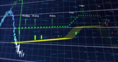 Karanlık arka planda finansal veri işleme sisteminin animasyonu. Küresel finans, iş, bağlantılar, hesaplama ve veri işleme kavramı dijital olarak oluşturulmuş video.