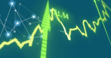 İletişim ağının üzerinde yukarı doğru ok olan sarı grafiğin animasyonu. Veri, iş, istatistik, dijital arayüz ve küresel iletişim, dijital olarak oluşturulmuş video.