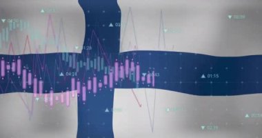Finlandiya bayrağı üzerinde grafik işleme verilerinin animasyonu. Ulusal ekonomi, seyahat, veri, finans, dijital arayüz, iş ve iletişim, dijital olarak oluşturulmuş video.