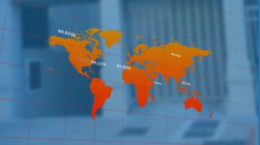 Dünya haritası ve binalar üzerinde finansal veri işleme animasyonu. Küresel finans, iş, bağlantılar, hesaplama ve veri işleme kavramı dijital olarak oluşturulmuş video.
