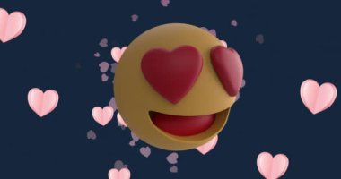 Mavi arka planda emoji ikonu üzerinde birden fazla kalp animasyonu. Sevgililer günü, aşk ve kutlama konsepti, dijital olarak üretilen video.