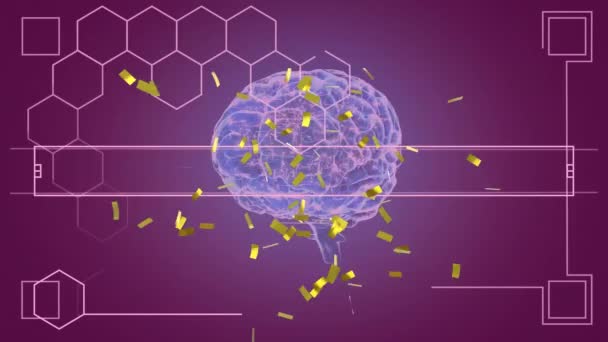 Animation Confetti Digital Brain Shapes Black Background Global Science Computing — Stock Video