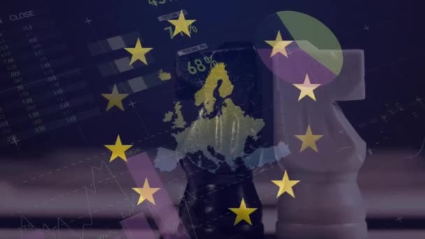 Animatie Van Financiële Informatica Vlag Van Europese Unie Schaakbord Europees — Stockvideo